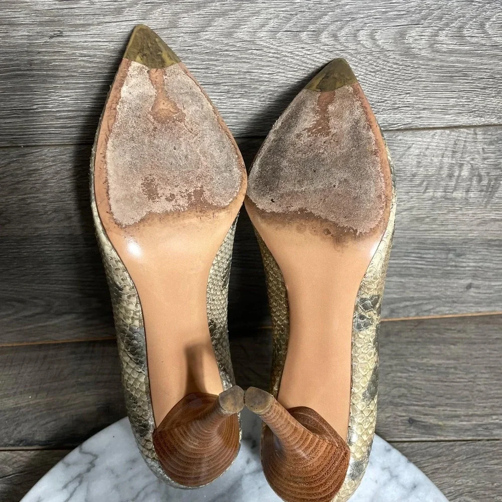 Stuart Weitzman Heels Womens 7 M Beige Snakeskin Stilettos Pointed Toe Leather - Picture 10 of 10